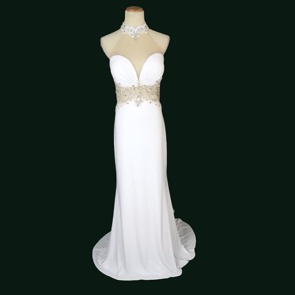 NWT RIVA WHITE Halter Beaded See-Through Ruched
